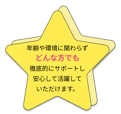 年齢や環境に関わらずどんな方でも徹底的にサポートし安心して活躍していただけます。